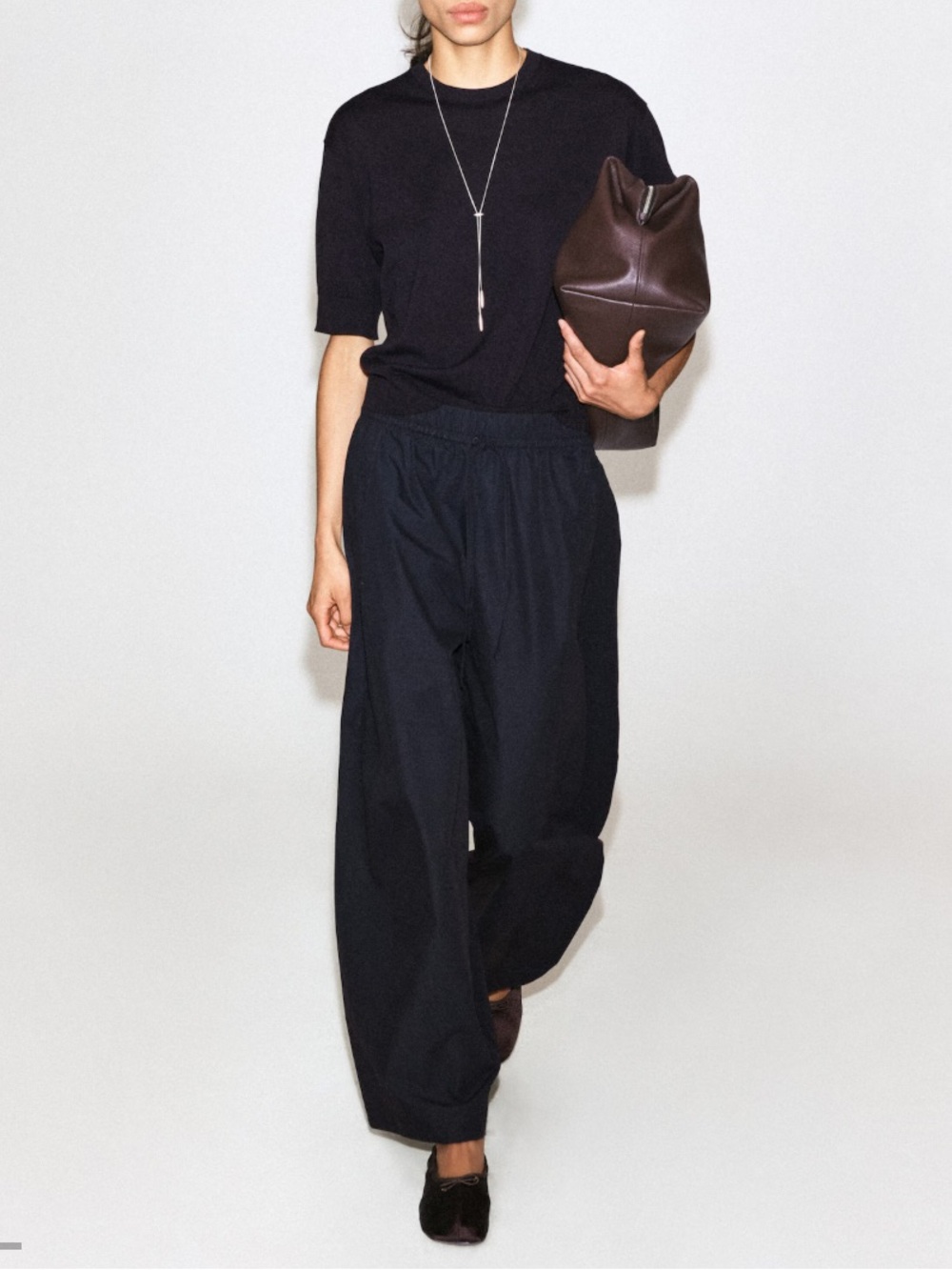 COS navy barrel leg pants